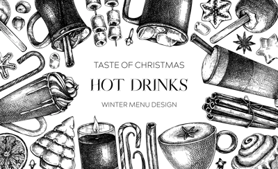 Hot drinks menu design. Mulled wine, coffee, hot chocolate, cocoa vector sketches. Christmas design template. Winter drinks and sweets frame template. Vintage food background. Christmas bar menu.